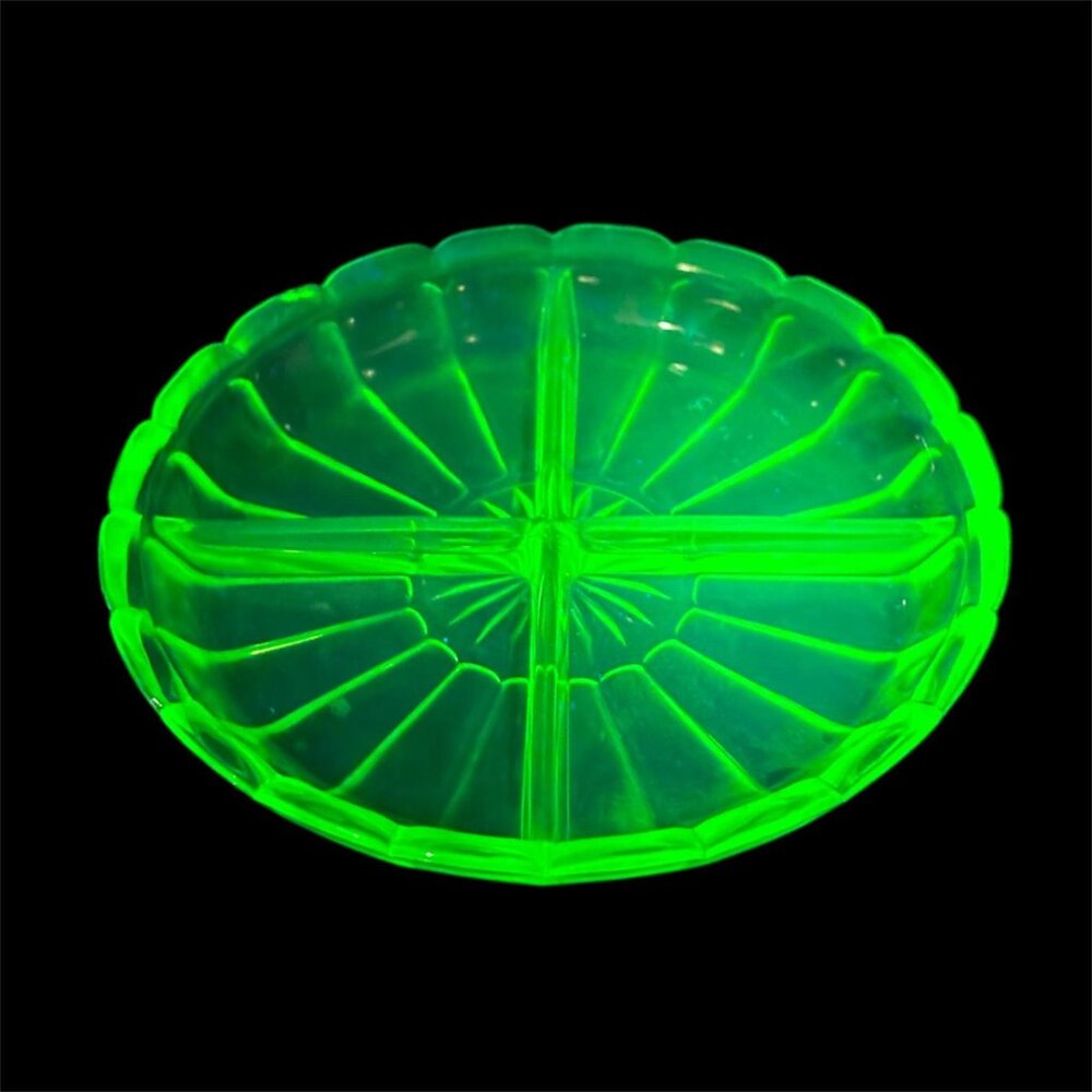 Vintage Green Uranium Depression Glass Divided Round Relish Tray/Plate Nut Dish